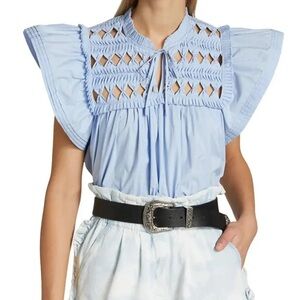 Sea New York Light Blue Smocked Cap Sleeve Cutout Top Short Sleeve Blouse size S